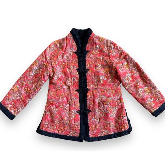 Vintage Chinese Reversible Satin Jacket Red to Black Faux Fur Quilted Tang Suit - Picture 1 of 8